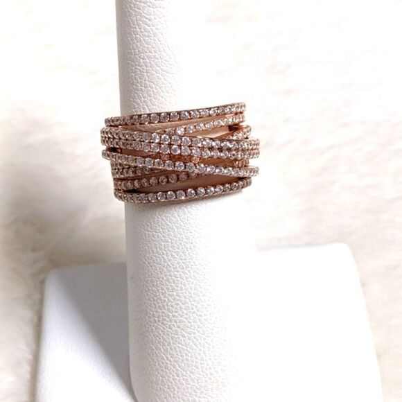 NWOT Cubic Zirconia Multi Layer Row Rose Gold Rhodium over .925 Sterling Ring - Picture 3 of 12